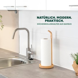 eluno Natural Design Bamboo Kitchen Roll Holder Practical Roll Holder with Protective Pads on Base Holder for Kitchen Paper Towels