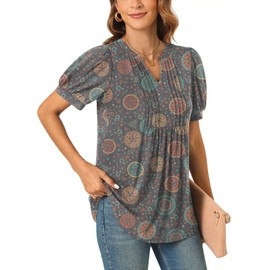 Anyally Womens Plus Size Summer Dressy Casual Blouse Puff Short Sleeve Tunic Tops Pleated T-Shirts for Work, XL Black-painted