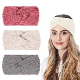 Ruzister Pack of 3 Headbands, Women's Winter Knitted Headband, Ear Warmers, Elastic, Autumn and Winter Versatile Headband for Women, Beige, Grey, Pink