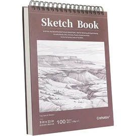 Crehatos 9" x 12" Sketch Book, Top Spiral Bound Sketch Pad, 100 Sheets 68lb/100gsm Drawing Paper, 1 Pack