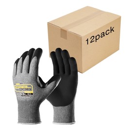 COOLJOB ANSI A5 Cut Resistant Gloves 12 Pairs, Nitrile Rubber Dipped Safety Work Gloves for Men, Knife Proof with Grip Coating for Construction Warehouse Glass Wood Work, Grey Xlarge