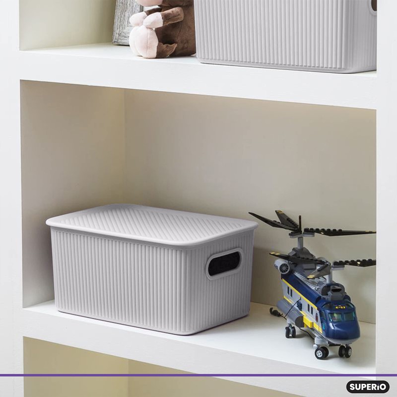 Superio Ribbed Collection - Decorative Plastic Basket Lidded Home Storage