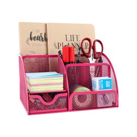EasyPAG 7 Fächer Metall Schreibtisch Organizer Stiftehalter Stiftköcher Vielseitig Utensilienschalen Büro Organisation Zubehör Ablage mit Schublade,Rosa