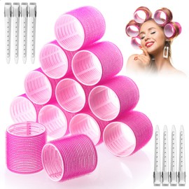 Acejoz Jumbo Hair Curlers Rollers, 12Pcs 60mm Jumbo Hair Roller Curlers Self Grip Holding Rollers with 12Pcs Hair Clips for Long Straight Thick Hair (Rose Red)