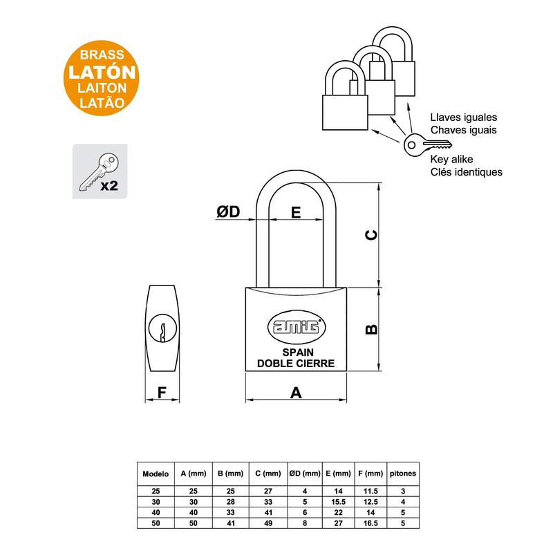 Amig - 4551 Long Arc Padlock with Keys Alike Model