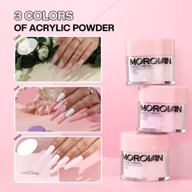 Morovan Acrylic Nail Set Starter Set Complete - 3 Colours Acrylic Powder Nails with 3 Acrylic Brushes for Nails Professional Acrylic Nails Starter Set for Beginners DIY Acrylic Nails