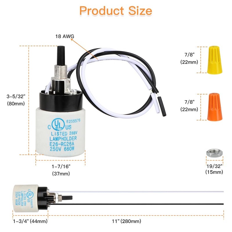 Helunsi E26 E27 Ceramic Lamp Socket with Rotary Knob Switch,