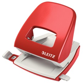 LEITZ 50080025 Office Metal Hole Punch for 30 Sheets, Stop Rail with Format Details, Ergonomic Design, Red