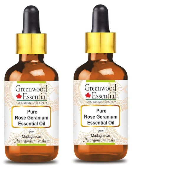 Greenwood Essential Pure Rose Geranium Essential Oil (Pelargonium Roseum) with Glass Dropper Natural Therapeutic Quality Steam Distilled (Pack of Two) 100 ml x 2 (6.76 oz)