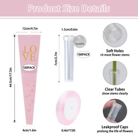DIBALIYI 100 Pcs Single Rose Sleeve, Flower Bags for Bouquets with Floral Water Tubes and Ribbons, Plastic Pink Floral Wrapping Bags for Florist Valentine's Day Mother's Day Graduation Wedding