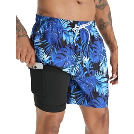 APTRO Mens Swim Trunks with Compression Liner 2 in 1 Swim Shorts 5 inch Inseam Quick Dry Bathing Suit Men with Lining Pockets MP301 1X