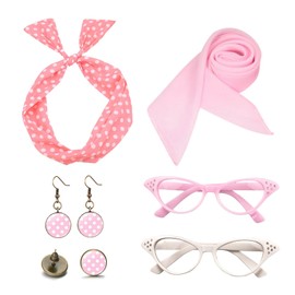 TSHAOUN 6-Piece Rockabilly Accessories 50s Women's Dress Accessories with Polka Dot Chiffon Scarf Cats Eye Glasses 60s Clothing for Theme Party Retro Teily Party