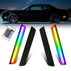 litzland Full LED RGB Side Marker Lights Compatible with Dodge Challenger 2015-2023 Front & Rear Fender Bumper Lamps Smoked Lens 24-Key Remote [4 Modes 16 Colors], 4PCS