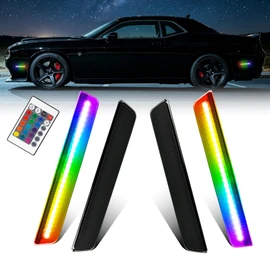 litzland Full LED RGB Side Marker Lights Compatible with Dodge Challenger 2015-2023 Front & Rear Fender Bumper Lamps Smoked Lens 24-Key Remote [4 Modes 16 Colors], 4PCS
