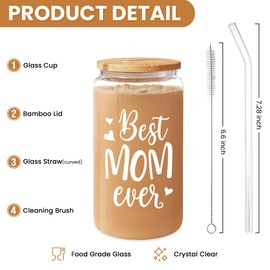 SANDJEST Gifts for Mom from Daughter Son - Mom 16 Oz Can Glass Coffee Cup with Bamboo Lid & Straw - Mothers Gift Mom Gifts for Women on Birthday Mothers Day Valentines