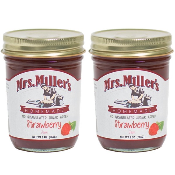 Mrs. Miller's Amish Homemade Strawberry No Granulated Sugar Added Jam 9 Ounces - Pack of 2 (No Corn Sugar)