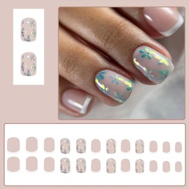 Short Press on Nails White French Square Fake Nails Glossy False Nails with Laser Flower Design Spring Summer Full Cover Glue on Nails Floral Stick on Nails for Women Girls 24PCS