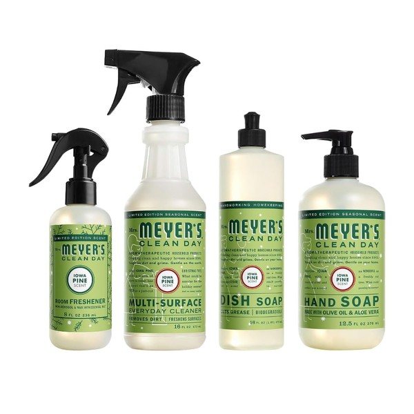 Mrs. Meyer's Iowa Pine Variety Pack Includes Room Freshener, 8 OZ, 1 Mrs. Meyer's Liquid Dish Soap, 16 OZ, 1 Liquid Hand Soap,12.5 OZ, 1 Multi-Surface Cleaner 16 OZ, 1 CT