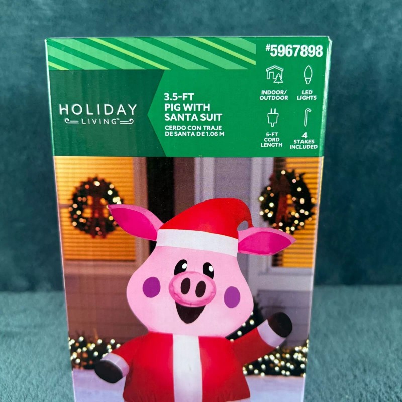 Holiday Living 3.5 Ft Pig With Santa Suit Inflatable Decoration