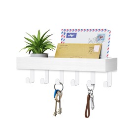 Key Holder Wall Mount Adhesive Magnetic - Hanging Key Hooks with Mail Organizer Tray for Wallet House Accessories - Keys Hanger Rack with Shelf for Camper Entryway Door Home Living Room Decor White
