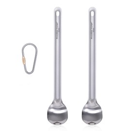 iBasingo Titanium Long Handle Spoon Camping Soup Rice Snack Cutlery with Polished Bowl Ultralight Outdoor Picnic Flatware Portable Travel Tableware Cooking Utensils with Hook 2 Pieces Ti1031T