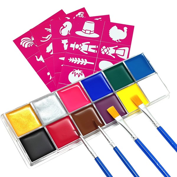 Clundoo Body Painting, 12 Colours Face Painting with 40 Stencils and 4 Brushes, Make-Up for Carnival and Cosplay