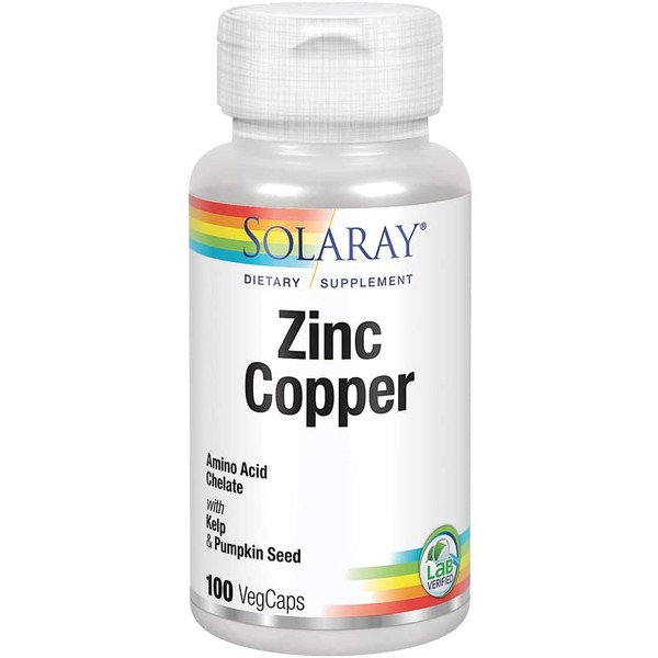 Solaray Zinc Copper Amino Acid Chelates, Healthy Cellular, Heart & Thyroid Function Support, Vegan, 100ct, 100 serv.