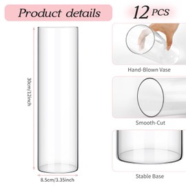 12 Pack Glass Cylinder Vases 12 Inch Tall Clear Flower Vase for Centerpieces, Hurricane Floating Candle Holder Wedding Decorations, Floral Vase Bulk for Table Shelf Party Home Deco (12 x 3.35 Inch)
