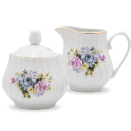 Sugar and Creamer Set - Porcelain Sugar and Creamer Vintage Tea Set with Gold Trims & Embossed Swirls - Exquisite Fine China Tea Set for Parties & Celebrations - Millicent Serafina Set by Lynns