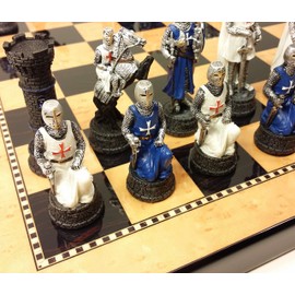 Medieval Times Crusades White & Blue Chess Set Hand Painted w/ Gloss Board