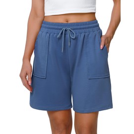 Cowasto - Pantalones cortos de algodón para mujer, estilo casual, sueltos, atléticos, con cordón en la cintura y bolsillos, Azul, Large