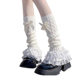 GlamRays Leg Warmers Y2K Bow Lace Edge Knee High Leg Warmers Women's Long Leg Warmers for Lolita Costume Party Accessory, White