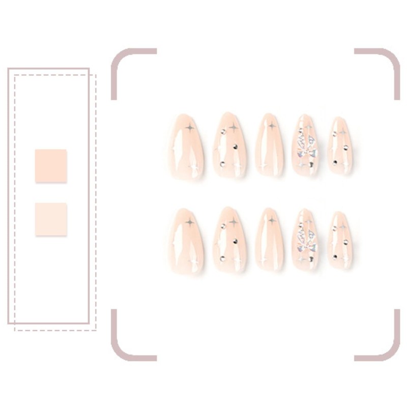 24pcs Medium Almond False Nails - Nude Rhinestone Butterfly &