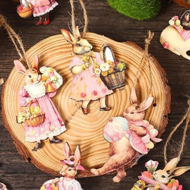Easter Bunny Dangling Ornaments - Colorful Wooden Slices Decorations,36x Funny Easter Tree Dangling Ornament, Spring Parties Supplies for Home, Studio, Restaurant