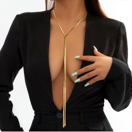 GoldGifts Chunky Long Y Necklace for Women, 14K Gold Plated Waterproof Herringbone Drop Dangle Necklace, Statement Trendy Fashion Slip Tie Necklace, Adjustable Lightweight Layered Choker Chest Chain for Body Styling