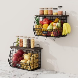 Segtenant 2 Pack Fruit Basket for Kitchen Counter, Hanging & Stackable Wire Baskets for Fruit, Vegetable, Potato and Onion Holder, Wall-Mounted Storage Bin with Wood Lid & Metal Handle, Rustic Brown