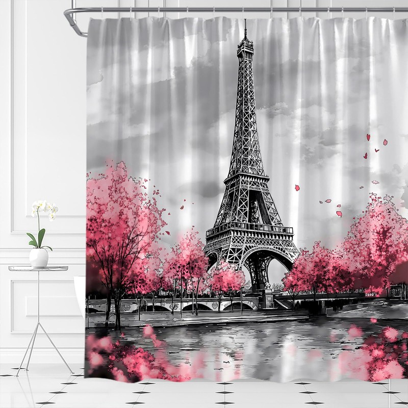 AMFD Eiffel Tower Shower Curtain Pink Romantic France Paris City