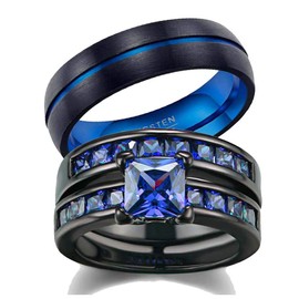 His Hers Wedding Ring Sets Couples Matching Rings Women's 2pc Black Gold Plated Blue CZ Wedding Engagement Ring Bridal Sets Men's Stainless steel Wedding Band, Crystal stone Metal Glass, Agate