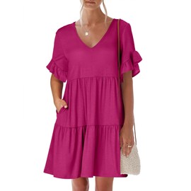ANRABESS Dresses for Women Summer 2025 V Neck Ruffle Sleeve A Line Tiered Flowy Casual Trendy Mini Beach Dress with Pockets Rose Medium