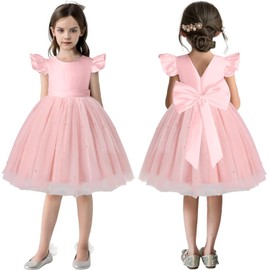 AGQT Toddler Flower Girl Dress V-Back Ruffle Sleeve Dresses Girls Tulle Dress for Wedding First Communion with Bow-Knot Princess Dresses Birthday Party Ball Gown Dark Pink 3-4T