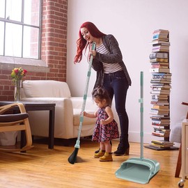 kelamayi Upgrade Broom and Dustpan Set, Large Size and with Long Handle, Upright,Ideal for Indoor Outdoor Garage Kitchen Room Office Lobby Use (Green) - Color: Pink