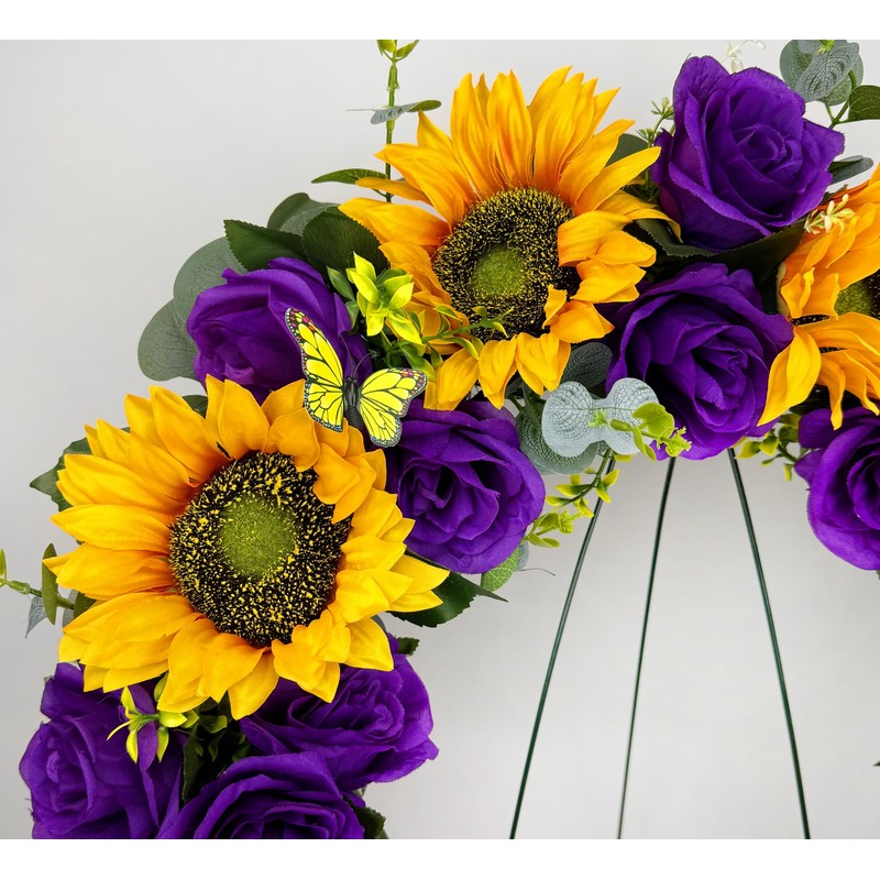 SUHOOKOO Cemetery Wreaths for Grave Decoration,Golden Sunflower and Purple Rose,