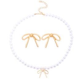 GYRMMUE Vintage Bow Necklace Earrings Set,Pearl Ribbon Bowknot Necklace Earrings Beaded Chain Choker Necklace Crystal Bowknot Stud Earrings Wedding Jewelry for Women (Gold)