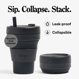 STOJO Titan Collapsible Travel Cup With Straw - Ink Black, 24oz / 710ml - Reusable To-Go Pocket Size Silicone Cup for Hot & Cold Drinks - Camping and Hiking - Microwave & Dishwasher Safe