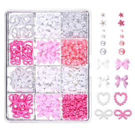 AMLAVIFISH 3D Nail Charms Accessories,Bow Nail Charms, 500Pcs Nail Charms and Gems, Heart Pearls Nail Charms - Mix Sizes Flatback Pearls Nail Charms for Manicure DIY Crafts Jewel Accessories