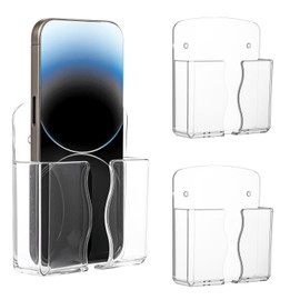 YBEATY Wall Mounted Phone Holder Clear Phone Self Adhesive Stand Bedside Organizer with Charging Hole Remote Control Stand Compatible with Most Smartphone for Home Office Shower Charging