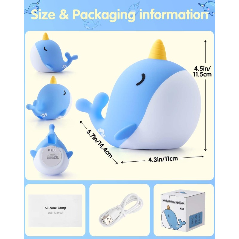 Fuloon Narwhal Night Light with Whale Shape, Squishy Silicone Kids