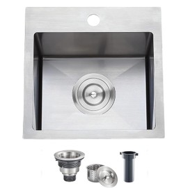 SHACO 15x15 Inch Drop In Bar Sink,15 Inch Stainless Steel Top mount Small Single Bowl Kitchen Bar Sink,16 Gauge Brushed Nickel Small Kitchen Prep Sink with Strainer Drain