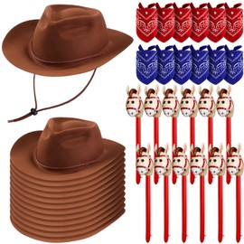 Xtinmee 36 Pcs Cowboy Farm Party Costume Set, Cowboy Hats Paisley Bandanas Inflatable Stick Horses for Kids Party Supplies (Classic)