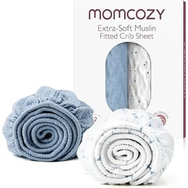 Momcozy Muslin Fitted Mini Crib Sheets, 38''x26'', 2 Pack Soft Breathable Natural Cotton Baby Mattress Sheet, 360° Mattress Wrapping No Slip Boys Girls Neutral Toddler Bed Sheet, Blue Star Moon